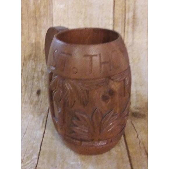 St. Thomas Carved Wooden Mug Vintage Island Souvenir Palm Trees Wood Mug (shelf) - Picture 2 of 8